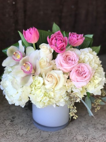 Mothers Day Flower Delivery in Santa Clarita, Ca made with tulips, garden roses, orchids and hydrangea