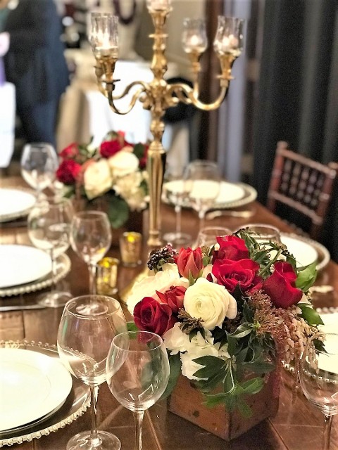 Wedding Centerpiece Gold Candleabras, Wood box floral centerpieces on farm table