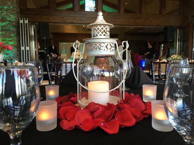 Lantern Centerpiece, Red rose petals, votives candles