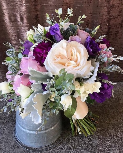 Purple Flowers, Blush Garden Roses, dusty Miller
