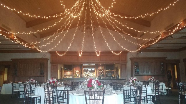 Twinkle Lights provided by Claire's Flowers for the The Oaks at Valencia, draped from the ceiling.