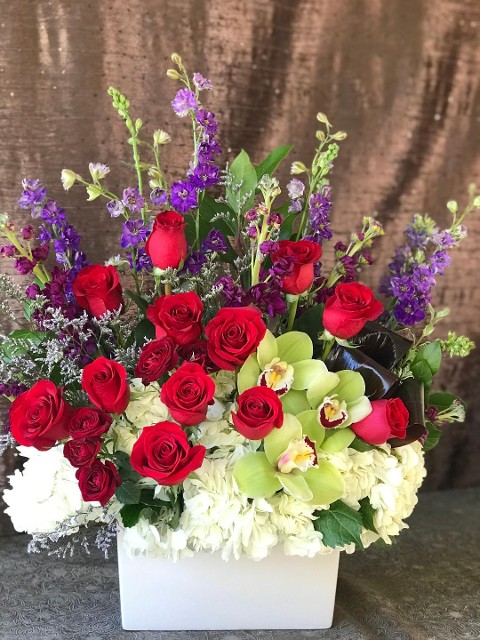 Large Red Rose Floral Arrangement with Purple and White flowers, Claire's Flowers 