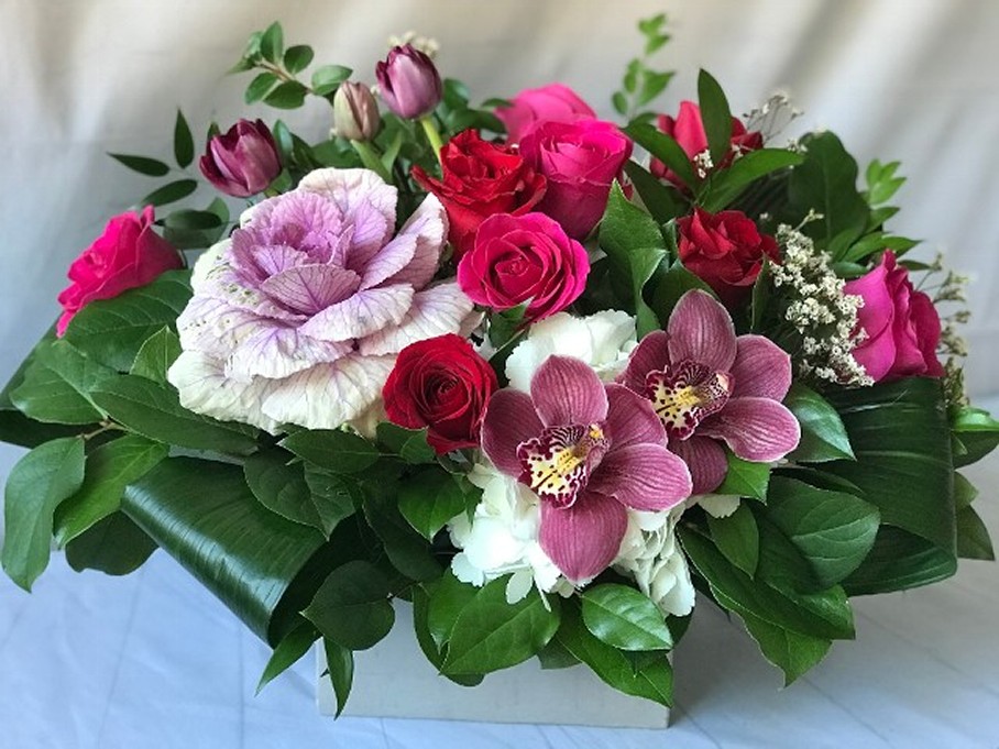 Low and Lush floral arrangement, 20 premium blooms, 360 degree design, premium cement square pot